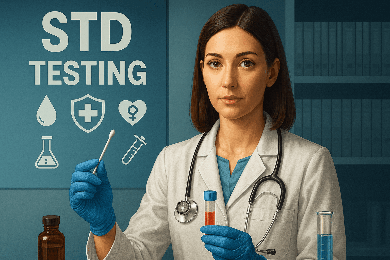 Healthcare professional holding a swab and test tube, with STD testing icons in the background.