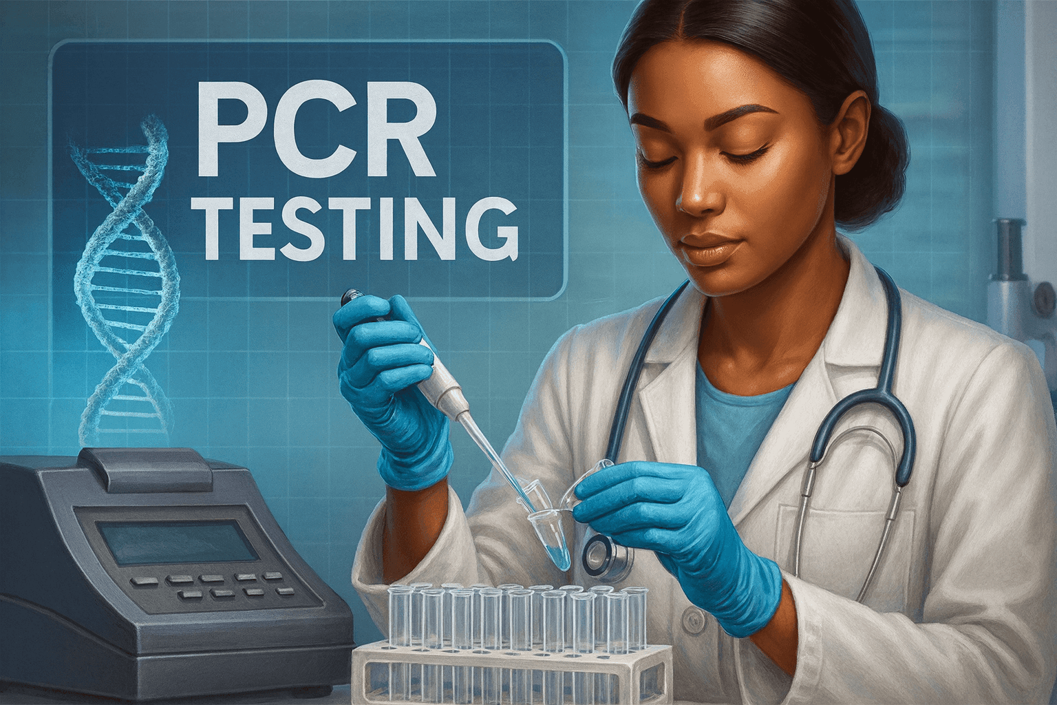 Scientist in lab coat performing PCR testing with pipette and test tubes.